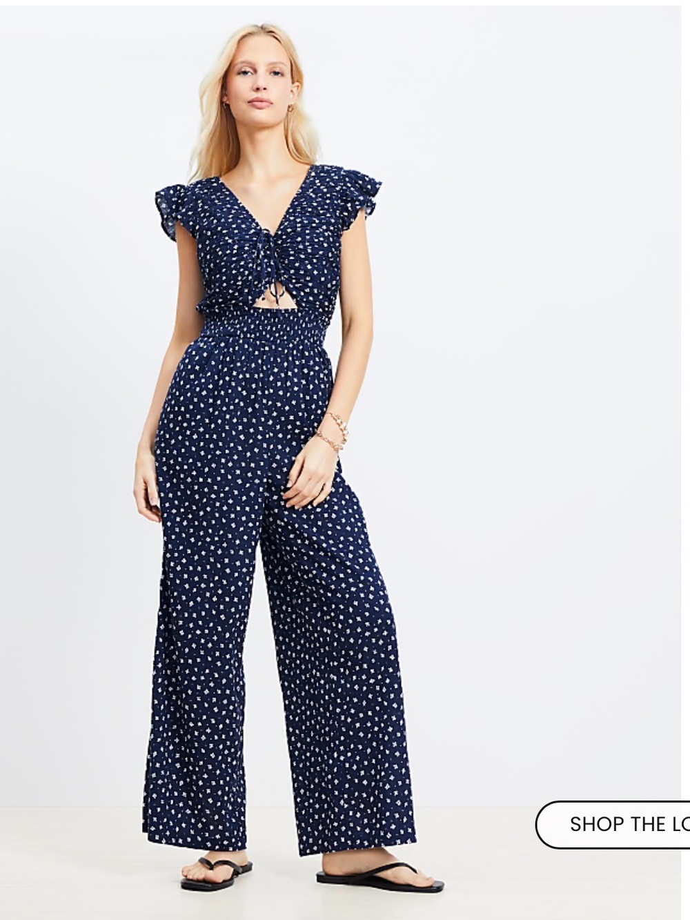 LOFT Navy Floral Tie-Front Jumpsuit with Wide Legs